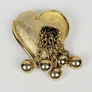 Vtg 80s Heart Brooch Pin~Gold Tone~Dangling Chain Metal Balls